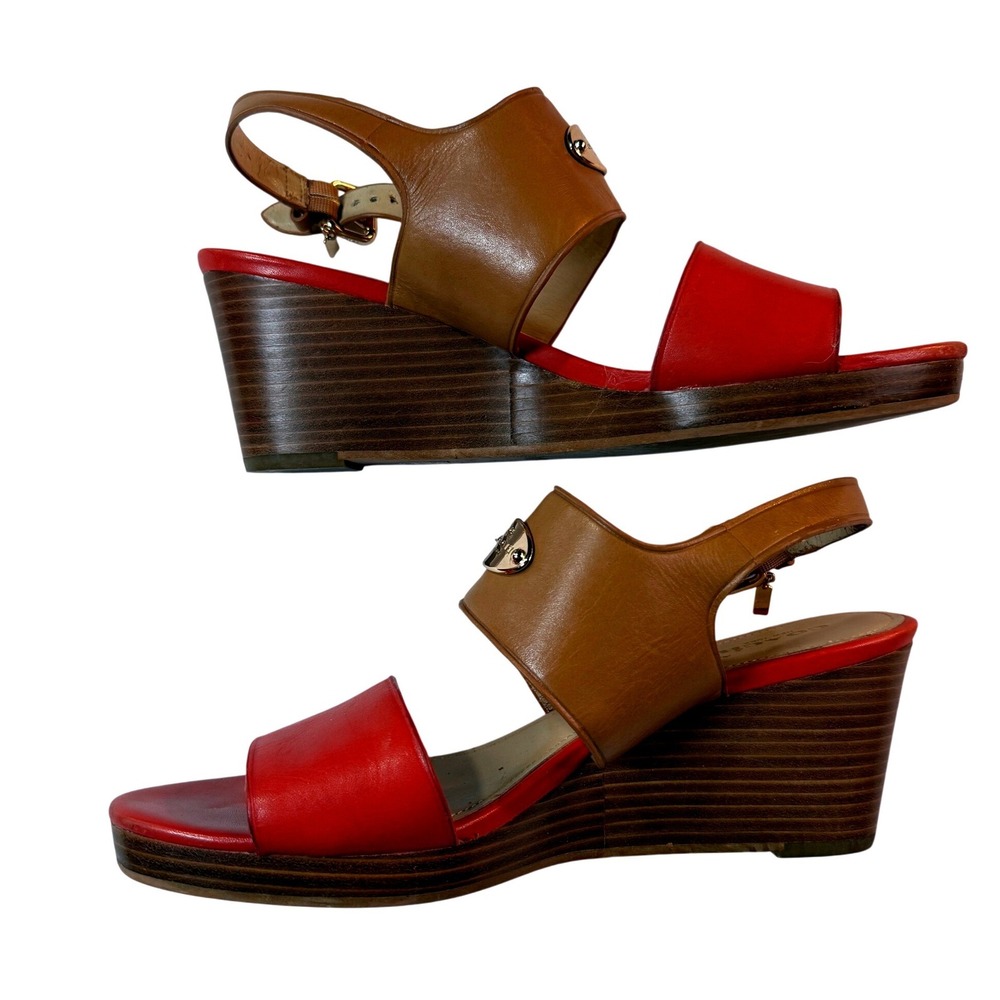 Coach Wedge Sandals Womens 9.5 Red Leather Colorblock Ankle Strap‎ Gold Hardware
